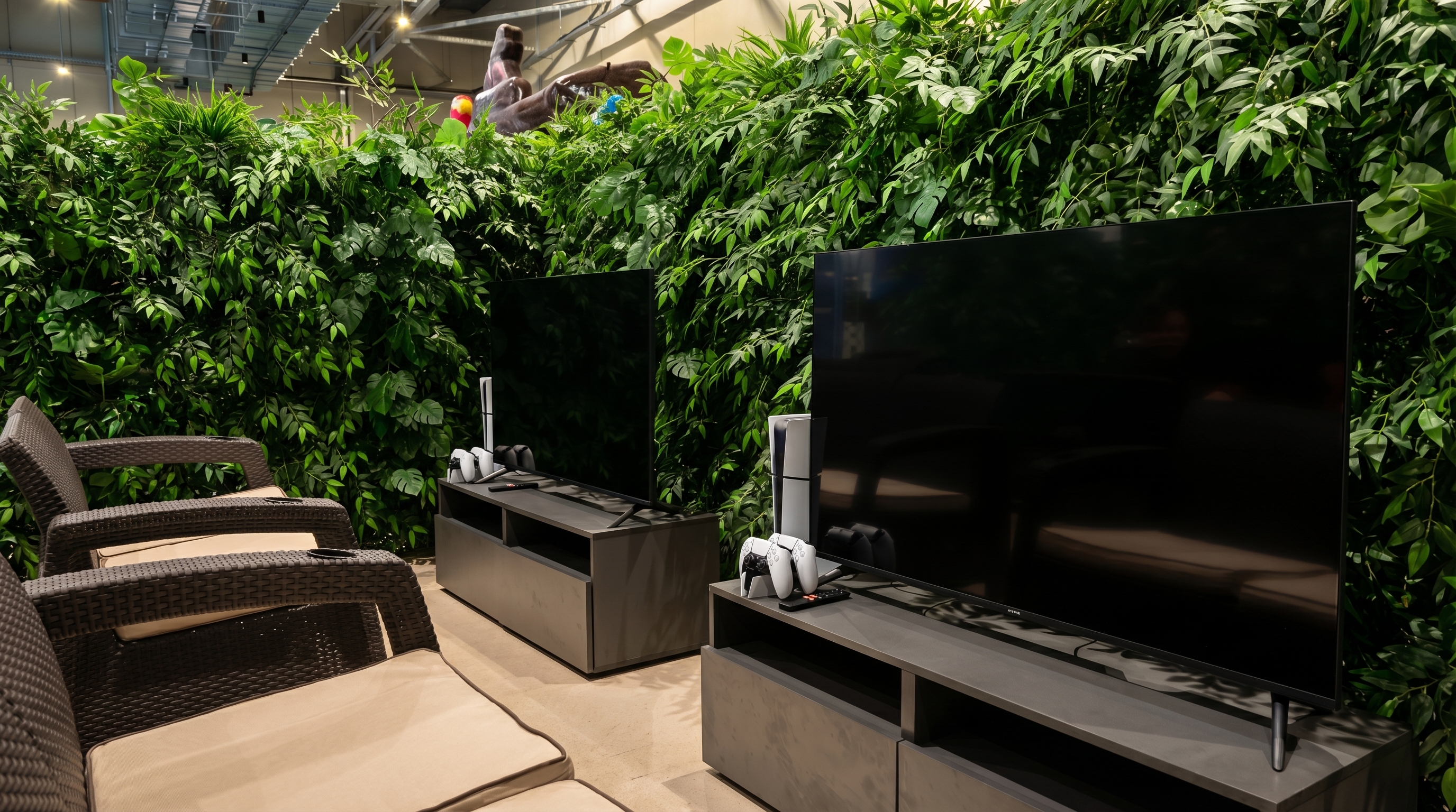 Две PlayStation-станции с lounge-посадкой и зелёной стеной в реализованной игровой комнате