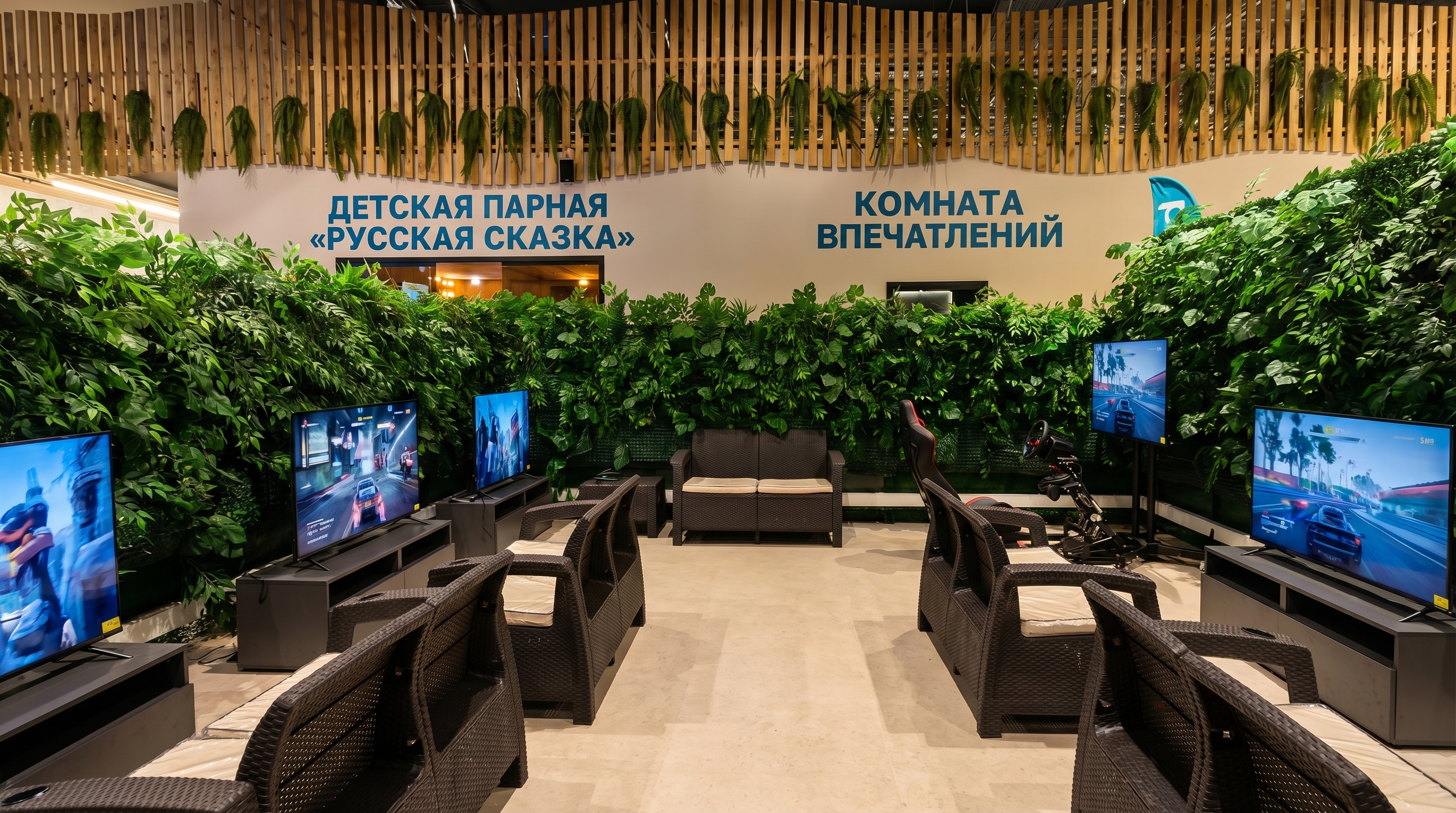 Широкий вид на игровую комнату с несколькими экранами и lounge-посадкой